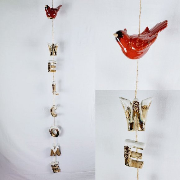 Other - Rustic Hanging Ceramic WELCOME Sign Letters Red Cardinal 55" Long Snow Pinecones